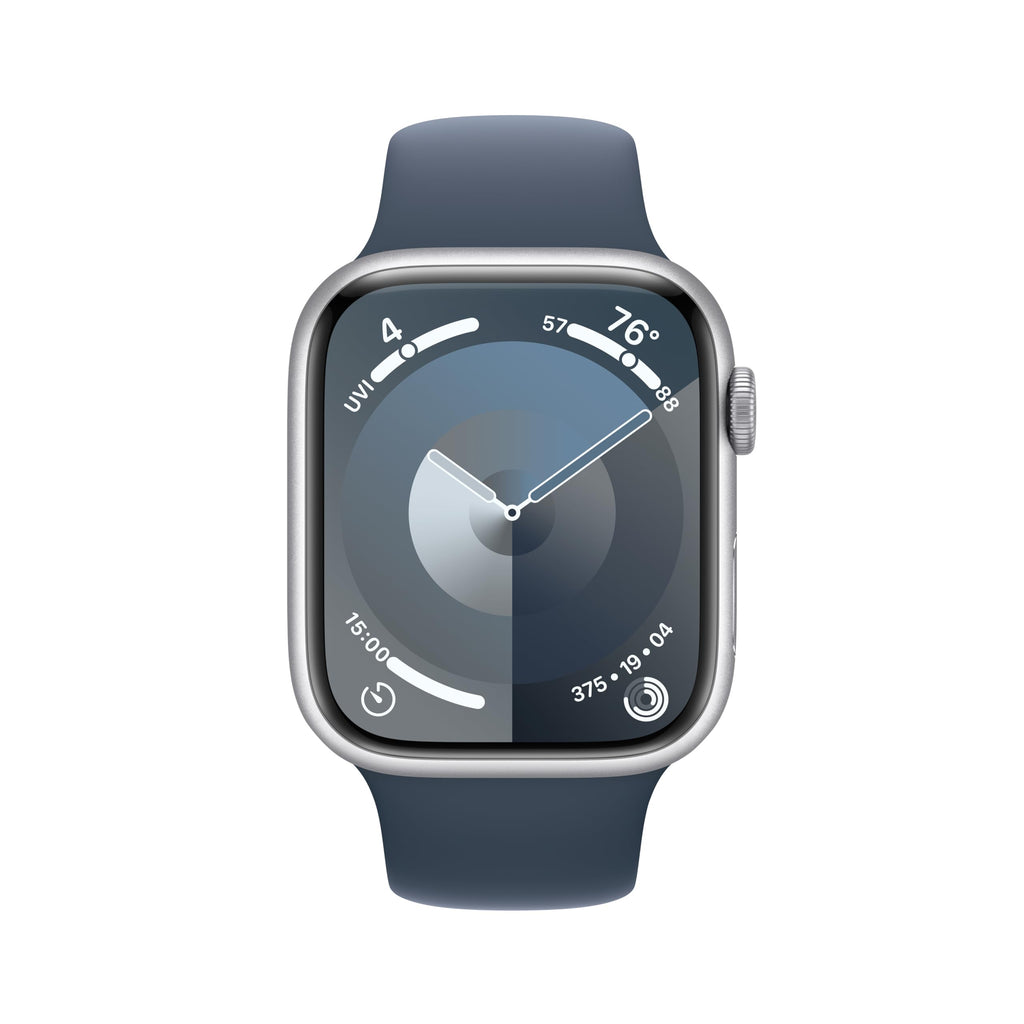 Apple Watch Series 9 GPS 45mm Silver Aluminum Case w/ Storm Blue Sport Band (S/M) -  MR9D3LW/A
